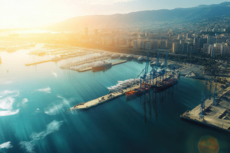 A breathtaking harbor view captures boats and cranes under a warm sunset sky in a lively port area.の写真素材