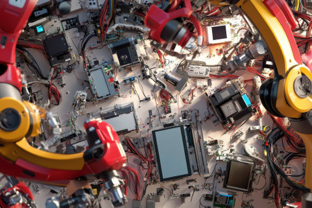 Robotic arms are working diligently to assemble various electronic components in a high-tech workshop setting.の写真素材