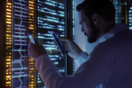 A professional examines digital displays and manages information on a smartphone in a dimly lit tech workspace.の写真素材