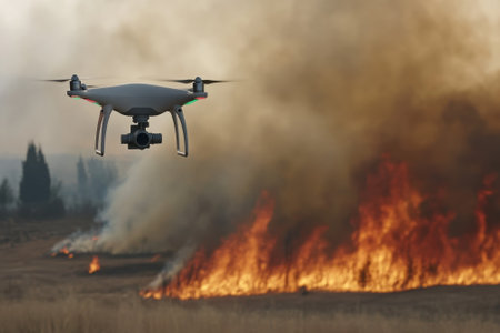 A drone hovers above a fast-moving wildfire, capturing images of flames engulfing dry vegetation in sunlight.の写真素材