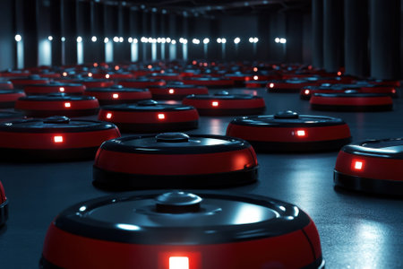 Dozens of robotic vacuum cleaners line the floor of a dark warehouse, preparing for their nightly task.の写真素材