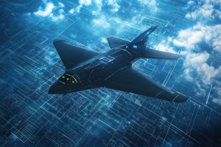 A stealth aircraft glides through a neon-lit sky above a sprawling cityscape, showcasing advanced technology.の写真素材