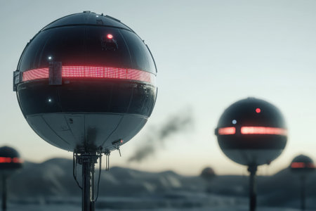 Robotic spheres with glowing lights are positioned on a desolate terrain during twilight, showcasing technology.の写真素材