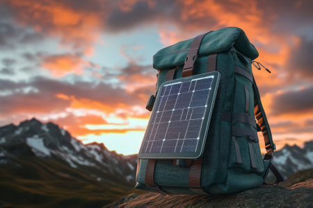 A backpack equipped with a solar panel sits on rocks against a stunning sunset over the mountains.の写真素材