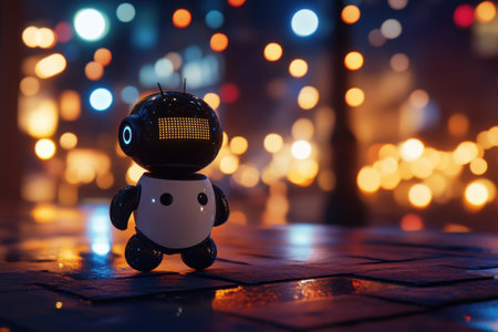 A cute robot figure is placed on a bustling sidewalk, surrounded by vibrant city lights at night.の写真素材