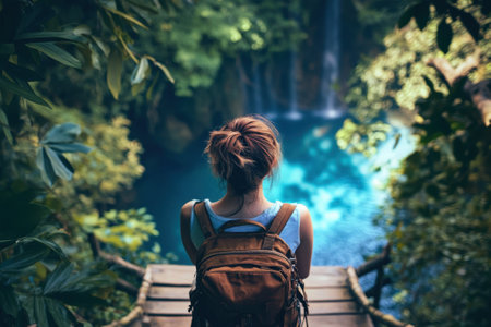 A young woman stands on wooden steps admiring a serene blue river surrounded by vibrant greenery.の写真素材