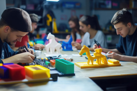 Participants collaborate on various 3D models using colorful materials, showing creativity and teamwork.の写真素材