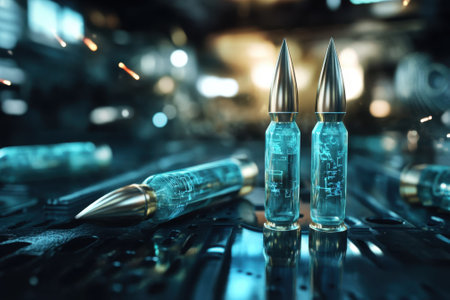 Two transparent capsules with glowing blue contents sit on a sleek surface in a dimly lit, advanced setting.の写真素材