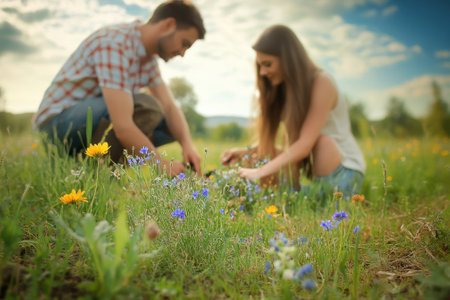Two individuals are kneeling in a vibrant field, gathering colorful wildflowers under a clear blue sky.の写真素材