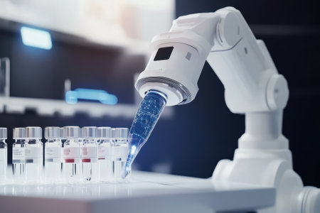 A robotic arm performs experiments by handling vials in a modern laboratory setting, showcasing innovation.の写真素材