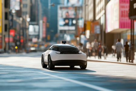 A sleek autonomous car drives along a busy street, surrounded by pedestrians and towering buildings.の写真素材
