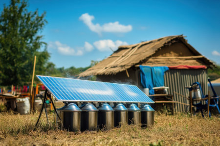 Solar panels power a milk processing station near a rural home surrounded by grassy land and trees.の写真素材