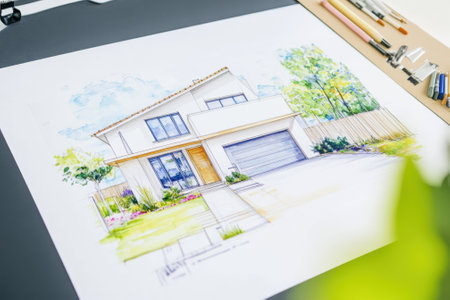 A detailed sketch of a contemporary house showcases its features and surroundings on a designer's desk.の写真素材