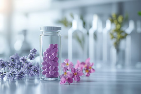A glass jar filled with purple pills is elegantly placed among colorful flowers on a bright surface.の写真素材