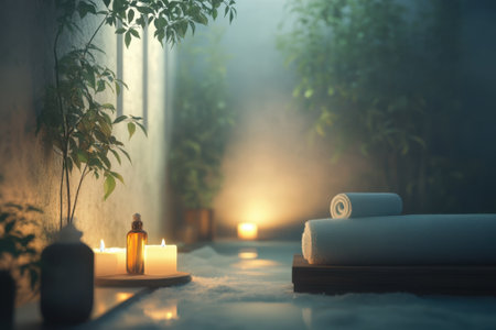 A tranquil spa setting featuring soft candles, fresh towels, and calming plants, creating a peaceful atmosphere.の写真素材