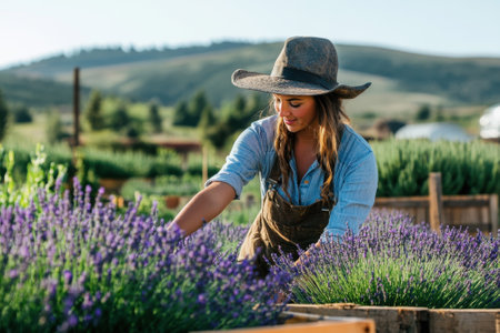 A woman in a wide-brimmed hat carefully trims lavender flowers in a sunny garden setting surrounded by greenery.の写真素材