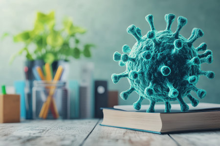 A colorful 3D virus model is displayed on a book in a cozy workspace, with greenery in the background.の写真素材