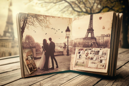 A couple stands close together near the Eiffel Tower, surrounded by a scrapbook filled with memories.の写真素材