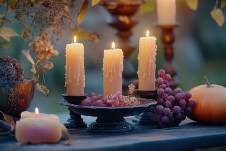 Three lit candles illuminate a rustic table adorned with grapes and a pumpkin during a serene autumn evening.の写真素材