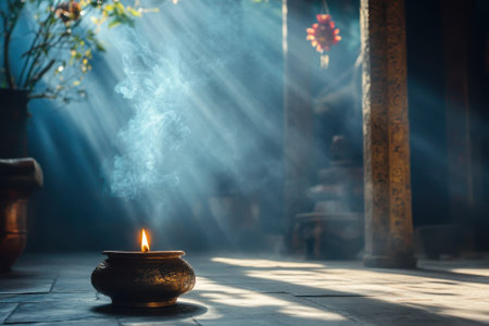 Warm light streams through a serene room where fragrant smoke rises from a glowing bowl, creating a peaceful atmosphere.の写真素材