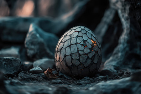 A uniquely textured dragon egg sits among rocks and dirt, glowing slightly in the soft twilight.の写真素材