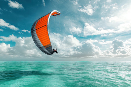 A person paraglides high above the bright turquoise sea, enjoying a sunny day with fluffy clouds overhead.の写真素材