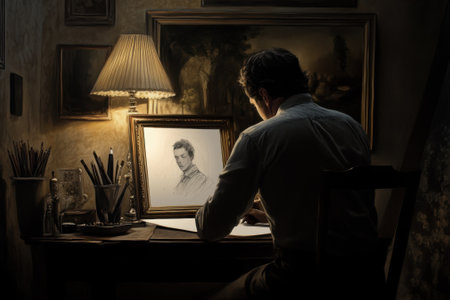 An artist focuses intently on sketching a portrait, surrounded by art supplies in a cozy studio.の写真素材