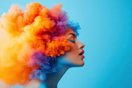 The vibrant-haired woman poses elegantly against a blue background, showing her colorful makeup artistry.の写真素材