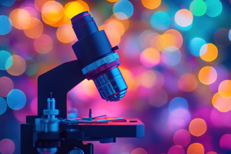 A microscope focuses on a prepared slide amidst blurred, colorful lights, showing a fusion of science and art.の写真素材