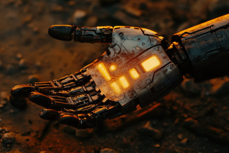 A metallic robotic hand rests on the ground, glowing brightly with elements that highlight its technology.の写真素材