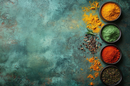 Colorful spices displayed in bowls create an inviting atmosphere for culinary creativity.の写真素材