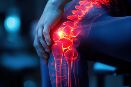 A patient holds her knee, revealing highlighted areas to indicate pain, in a dimly lit clinic.の写真素材