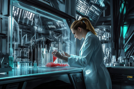 A scientist analyzes colorful liquids in glass containers within a futuristic lab filled with equipment.の写真素材