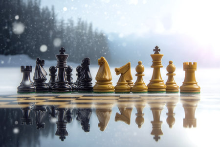 Black and yellow chess pieces arranged on a frozen lake, with snow-covered trees and bright sky in winter.の写真素材