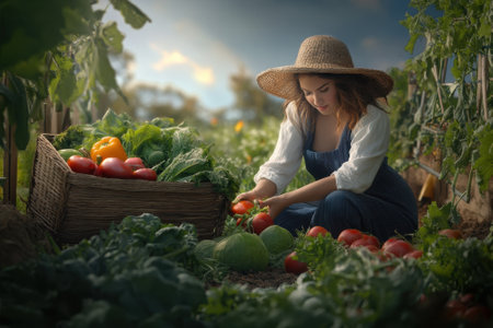 A woman in a straw hat carefully picks tomatoes in a lush garden surrounded by healthy plants and sunlight.の写真素材