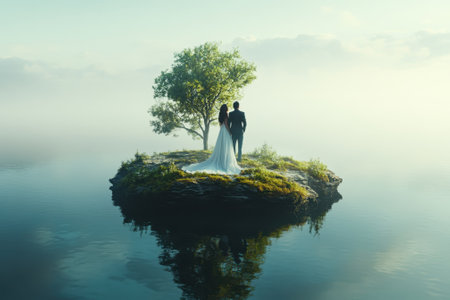 A couple embraces on a serene island at dawn, with a single tree and mist enveloping the calm water.の写真素材