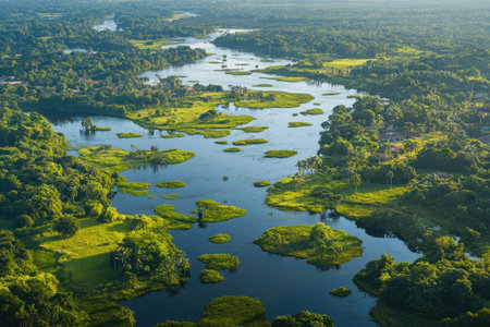 Aerial view of a beautiful region filled with meandering rivers, lush vegetation, and serene ecosystems under sunlight.の写真素材