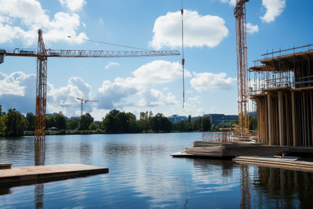 Large cranes operate at a construction site near a calm lake, surrounded by greenery and blue skies.の写真素材