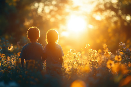 Two kids stand together, watching the sunset amidst blooming flowers on a warm evening.の写真素材