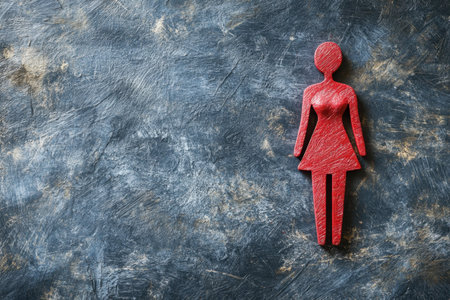 A red wooden figure representing a woman is placed on a dark, textured surface, highlighting gender themes.の写真素材