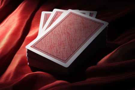 Cards arranged on a rich red surface create a sophisticated atmosphere, perfect for an evening of games.の写真素材