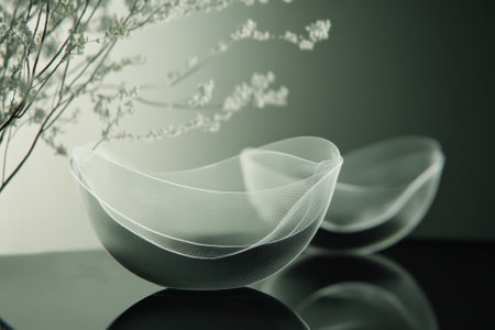 Two translucent bowls are elegantly placed next to delicate flowers, highlighting a stylish and minimal decor.の写真素材
