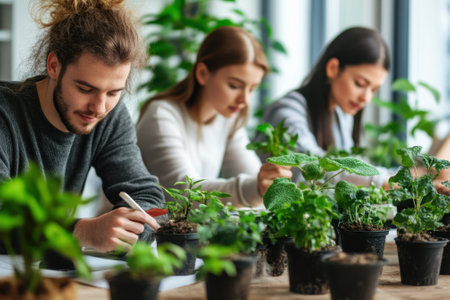 Participants focus on nurturing plants while learning care techniques in a bright indoor space.の写真素材