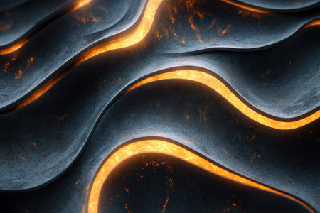 Fluid, glowing lines weave through dark textured surfaces, creating an entrancing display of light and shadow.の写真素材