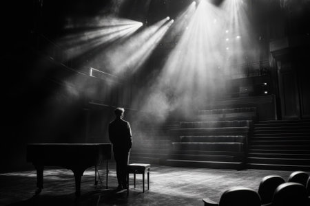 A musician stands in spotlight on stage, preparing for a performance while shadows fill the theater.の写真素材