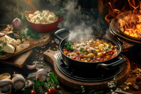 A rich stew simmers in a black pot surrounded by fresh vegetables and herbs in a warm kitchen atmosphere.の写真素材