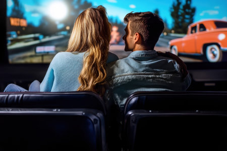 A couple sits close together in a theater, captivated by the film and enjoying each other's company.の写真素材