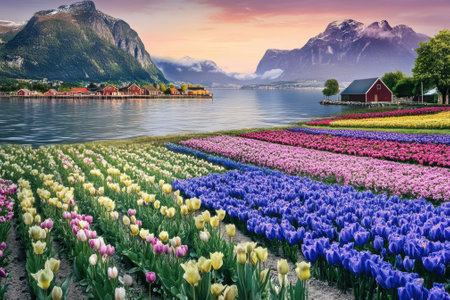 Colorful tulips bloom by a serene lake, framed by mountains at sunset for a stunning view.の写真素材