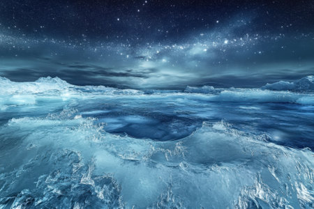 Expansive ice formations stretch across the landscape, illuminated by a star-filled night sky.の写真素材
