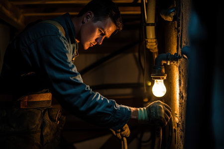 A dedicated worker focuses on fixing electrical components near a warm light bulb in a basement environment.の写真素材